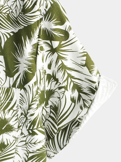 Men's Tropical Floral Print Beach Pocket Cotton And Linen Summer Short Sleeve Shirt