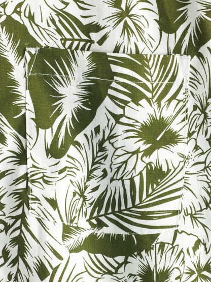 Men's Tropical Floral Print Beach Pocket Cotton And Linen Summer Short Sleeve Shirt