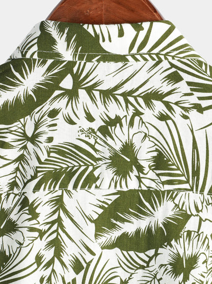 Men's Tropical Floral Print Beach Pocket Cotton And Linen Summer Short Sleeve Shirt