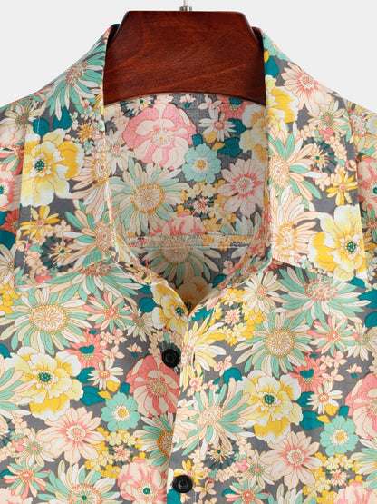 Men's Vintage Floral Cotton Button Up Short Sleeve Shirt