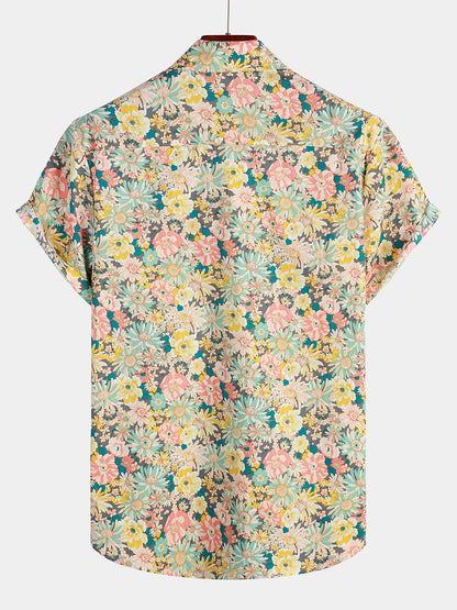 Men's Vintage Floral Cotton Button Up Short Sleeve Shirt