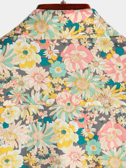 Men's Vintage Floral Cotton Button Up Short Sleeve Shirt