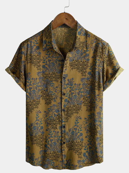 Men's Breathable Lightweight Short Sleeve Bohemian Vine Floral Resort Shirt