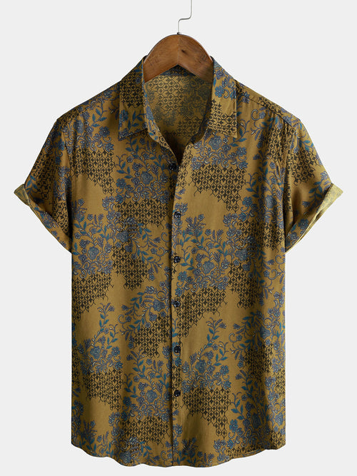 Men's Breathable Lightweight Short Sleeve Bohemian Vine Floral Resort Shirt