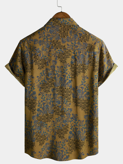 Men's Breathable Lightweight Short Sleeve Bohemian Vine Floral Resort Shirt