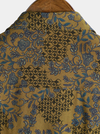 Men's Breathable Lightweight Short Sleeve Bohemian Vine Floral Resort Shirt