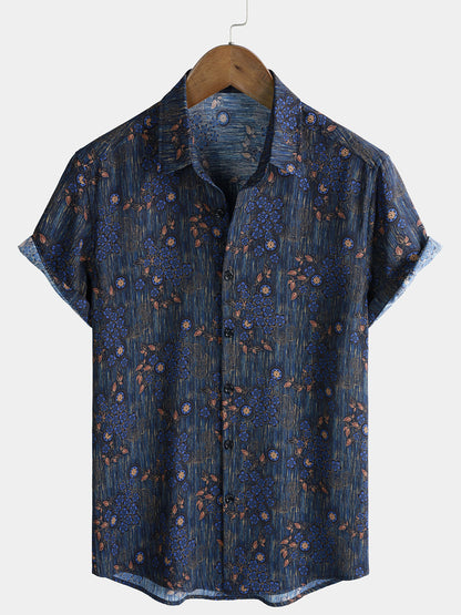 Men's Vintage Blue Floral Print Short Sleeve Shirt