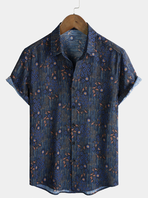 Men's Vintage Blue Floral Print Short Sleeve Shirt