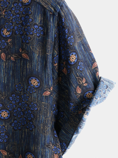 Men's Vintage Blue Floral Print Short Sleeve Shirt