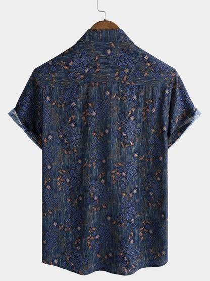 Men's Vintage Blue Floral Print Short Sleeve Shirt
