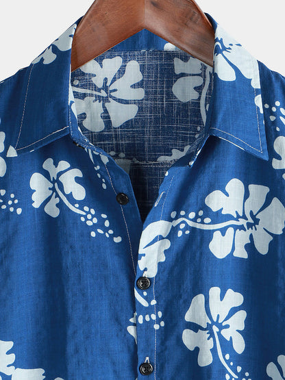 Men's Blue Floral Short Sleeve Beach Tropical Hawaiian Button Up Shirt
