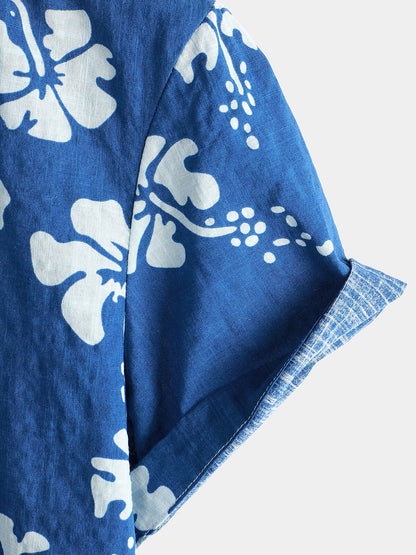 Men's Blue Floral Short Sleeve Beach Tropical Hawaiian Button Up Shirt