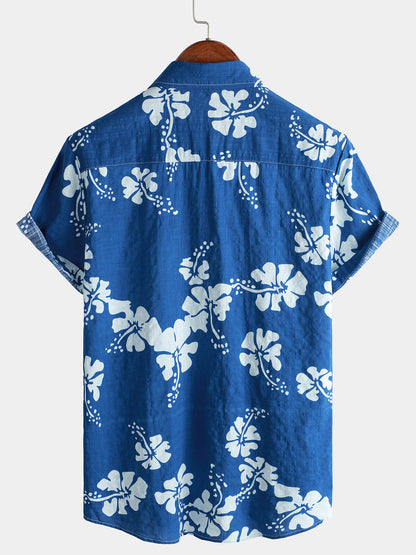 Men's Blue Floral Short Sleeve Beach Tropical Hawaiian Button Up Shirt