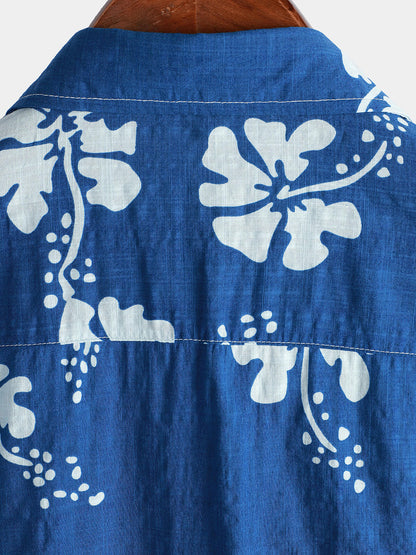 Men's Blue Floral Short Sleeve Beach Tropical Hawaiian Button Up Shirt