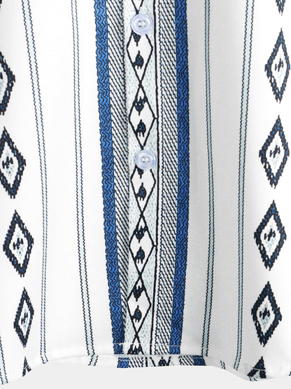 Men's Casual Blue and White Striped Vintage Short Sleeve 70s Retro Aztec Print Button Up Shirt