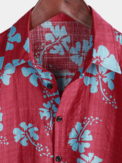 Men's Short Sleeve Red Floral Button Up Beach Tropical Hawaiian Shirt