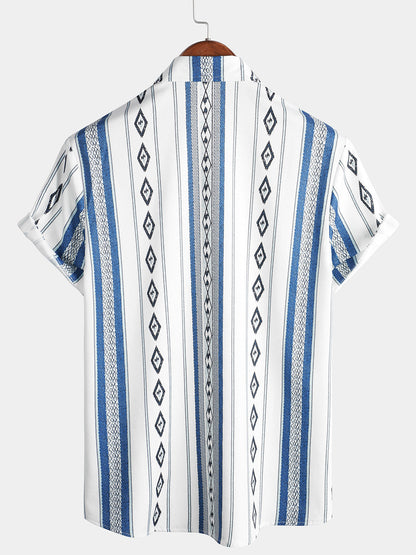 Men's Casual Blue and White Striped Vintage Short Sleeve 70s Retro Aztec Print Button Up Shirt