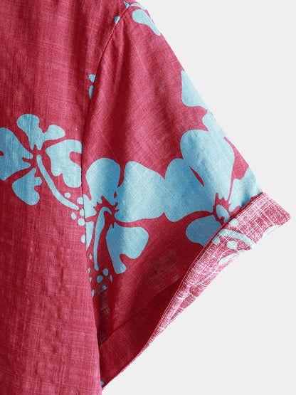 Men's Short Sleeve Red Floral Button Up Beach Tropical Hawaiian Shirt