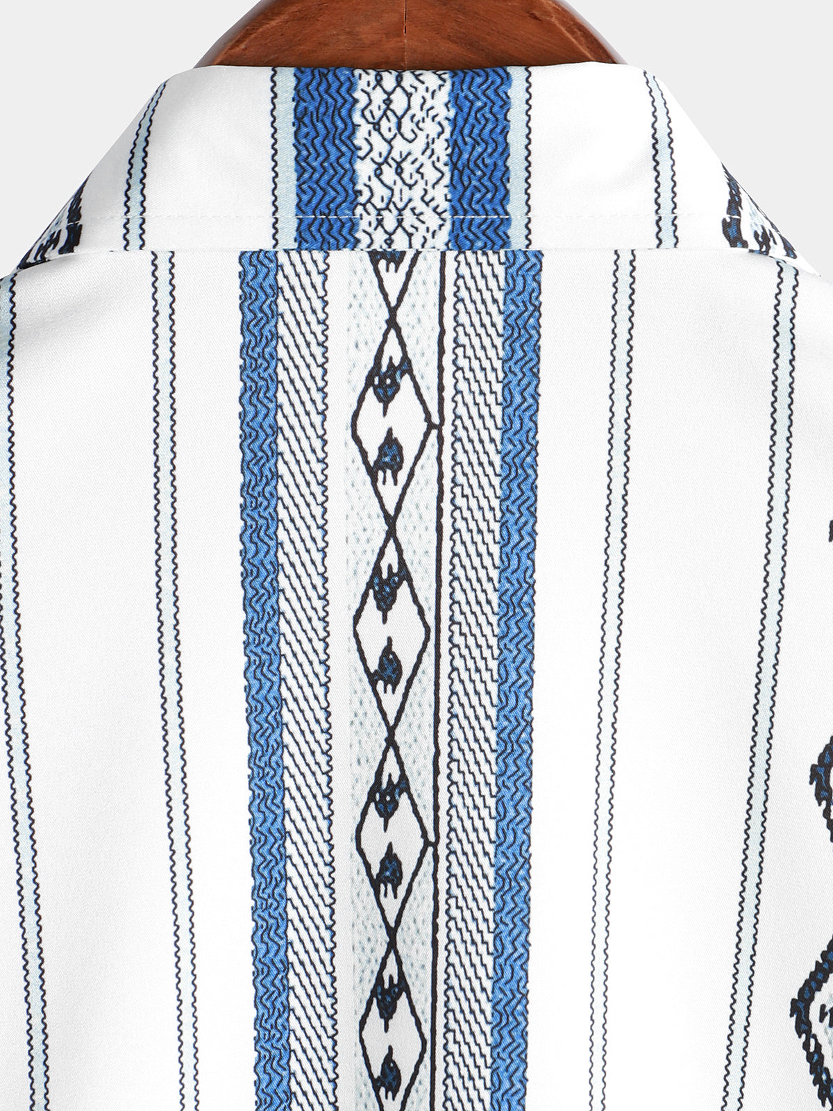 Men's Casual Blue and White Striped Vintage Short Sleeve 70s Retro Aztec Print Button Up Shirt