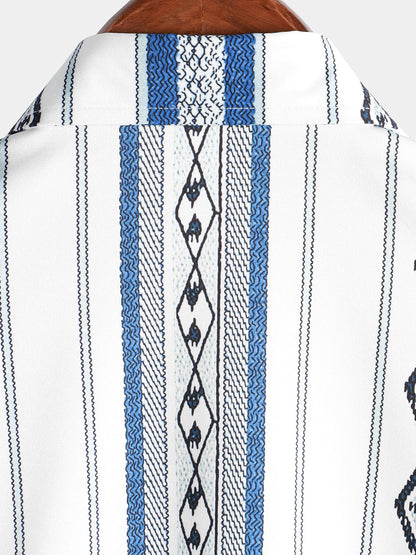 Men's Casual Blue and White Striped Vintage Short Sleeve 70s Retro Aztec Print Button Up Shirt