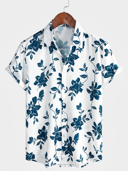 Men's Blue Floral Summer Holiday Button Up Short Sleeve Shirt