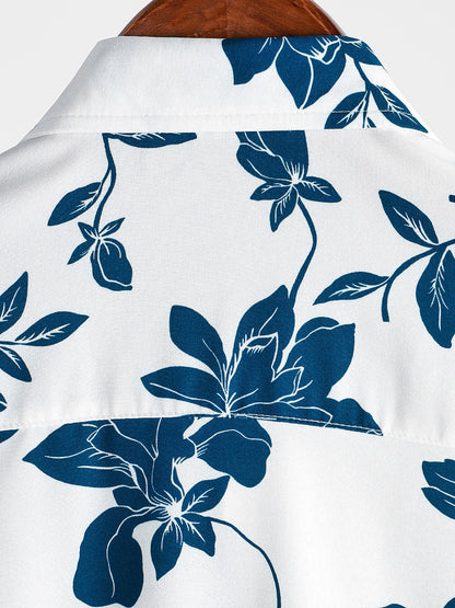 Men's Blue Floral Summer Holiday Button Up Short Sleeve Shirt