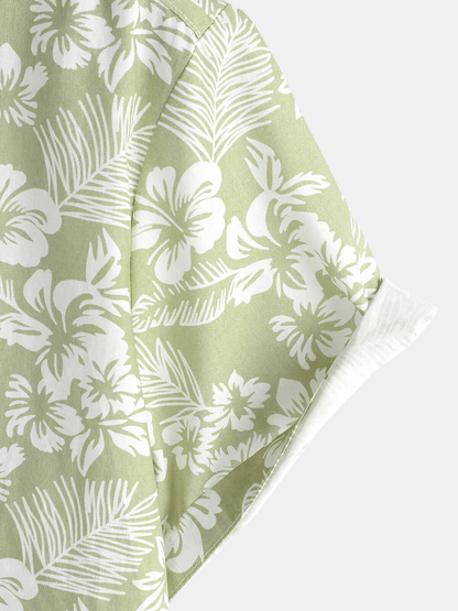 Men's Hawaiian Green Holiday Cotton Summer Floral Button Up Short Sleeve Shirt