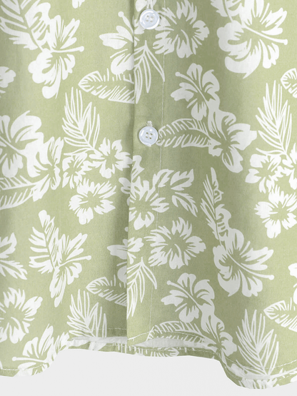 Men's Hawaiian Green Holiday Cotton Summer Floral Button Up Short Sleeve Shirt