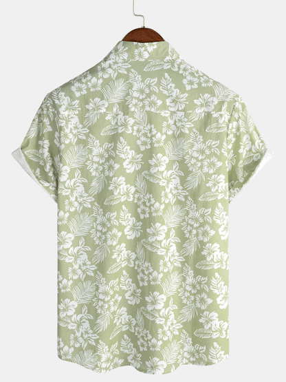 Men's Hawaiian Green Holiday Cotton Summer Floral Button Up Short Sleeve Shirt