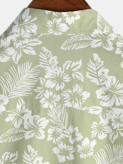 Men's Hawaiian Green Holiday Cotton Summer Floral Button Up Short Sleeve Shirt