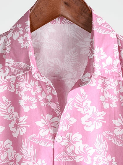 Men's Pink Cotton Hawaiian Floral Button Up Summer Short Sleeve Shirt
