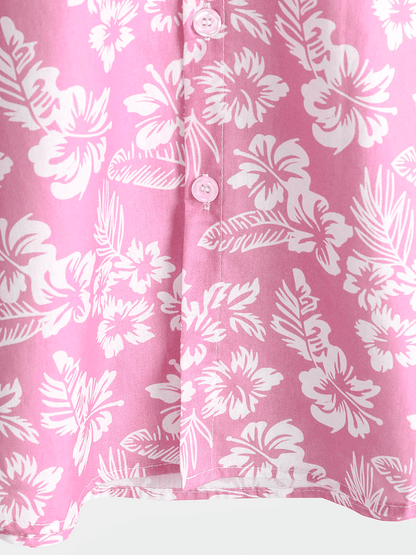 Men's Pink Cotton Hawaiian Floral Button Up Summer Short Sleeve Shirt