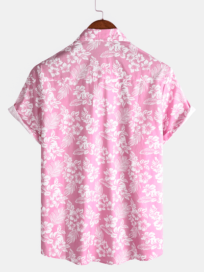 Men's Pink Cotton Hawaiian Floral Button Up Summer Short Sleeve Shirt