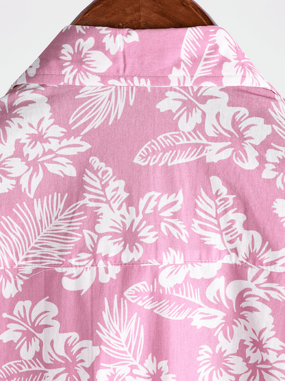 Men's Pink Cotton Hawaiian Floral Button Up Summer Short Sleeve Shirt
