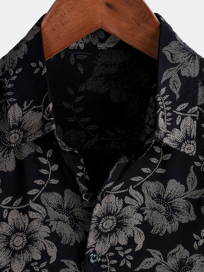 Men's Floral Print Vintage Flower Holiday Breathable Button Up Navy Blue Hawaiian Short Sleeve Shirt
