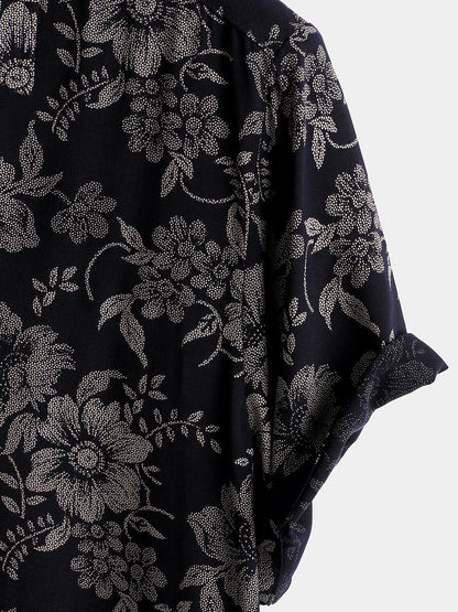 Men's Floral Print Vintage Flower Holiday Breathable Button Up Navy Blue Hawaiian Short Sleeve Shirt