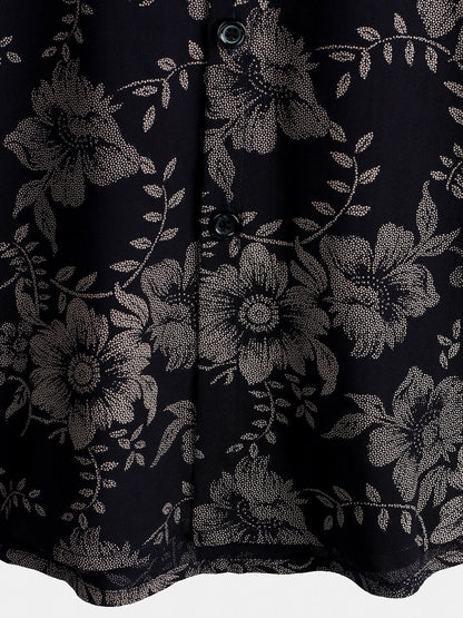 Men's Floral Print Vintage Flower Holiday Breathable Button Up Navy Blue Hawaiian Short Sleeve Shirt