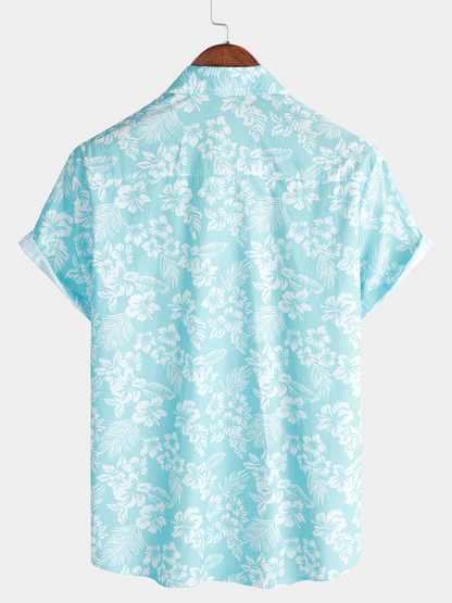 Men's Holiday Blue Hawaiian Floral Button Up Short Sleeve Shirt