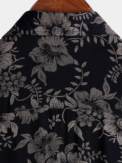 Men's Floral Print Vintage Flower Holiday Breathable Button Up Navy Blue Hawaiian Short Sleeve Shirt