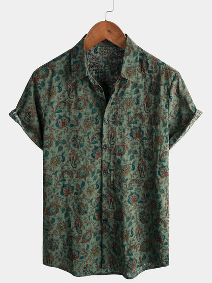 Men's Retro Paisley 70s Green Holiday Button Up Vintage Short Sleeve Shirt
