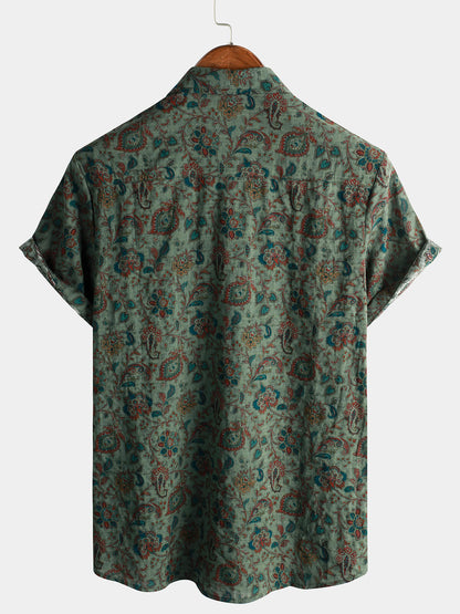 Men's Retro Paisley 70s Green Holiday Button Up Vintage Short Sleeve Shirt