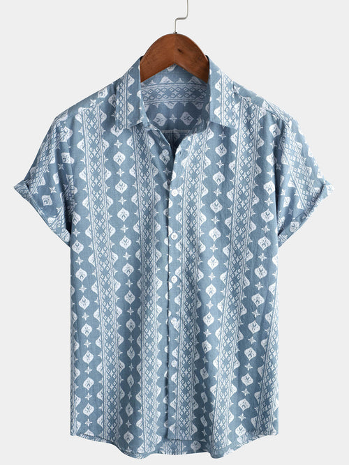 Men's Blue Cotton Retro Button Up Striped Vintage Summer Short Sleeve Shirt