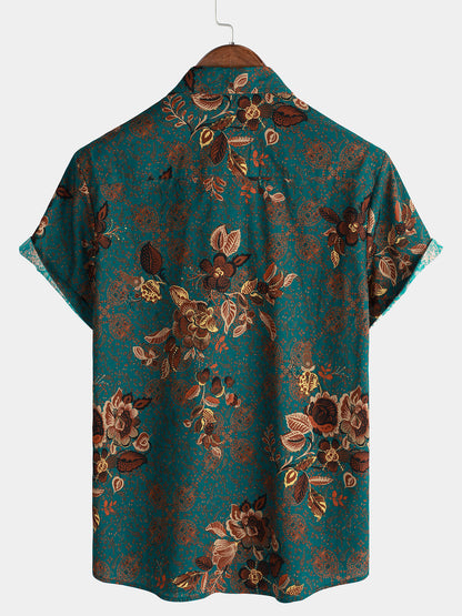 Men's Vintage Holiday Cotton Green Hawaiian Floral Button Up Short Sleeve Shirt