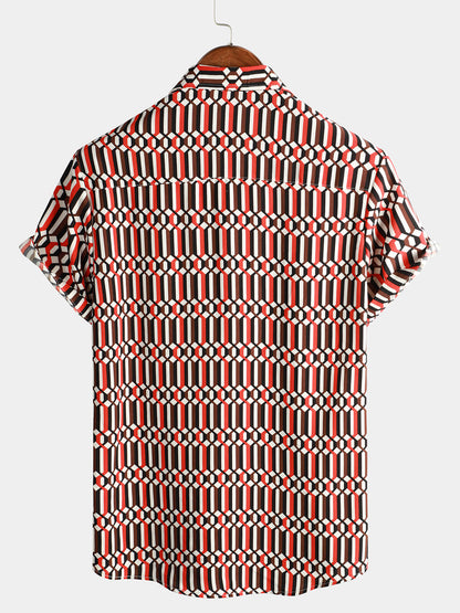 Men's Casual Retro Geometric Button Up Cool Short Sleeve Summer Shirt