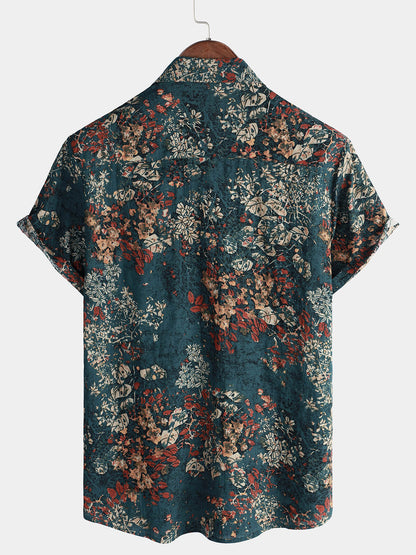 Men's Vintage Holiday Retro Cotton Floral Button Up Short Sleeve Shirt