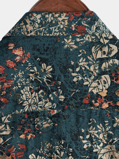 Men's Vintage Holiday Retro Cotton Floral Button Up Short Sleeve Shirt
