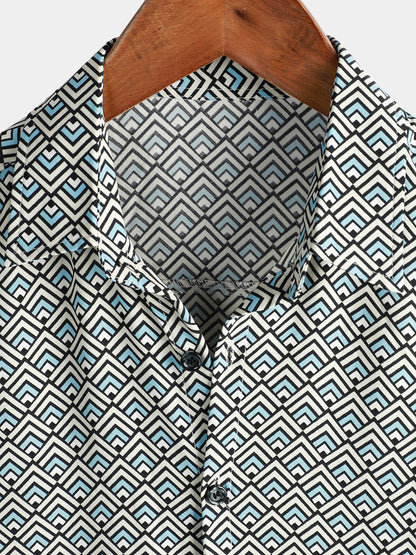 Men's Casual Vintage Geometric Button Up Holiday Summer Retro Short Sleeve Shirt