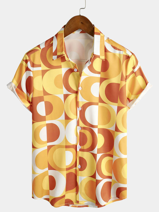 Men's Summer Retro Button Up Vintage Orange 70s Geometric Disco Summer Beach Cool Short Sleeve Shirt