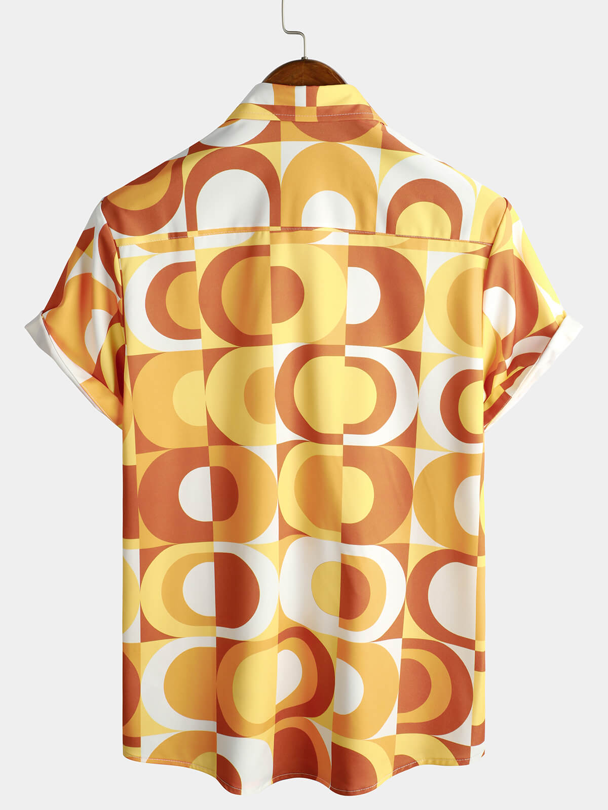 Men's Summer Retro Button Up Vintage Orange 70s Geometric Disco Summer Beach Cool Short Sleeve Shirt