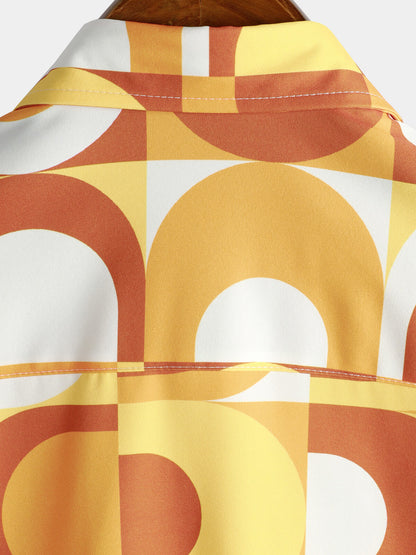 Men's Summer Retro Button Up Vintage Orange 70s Geometric Disco Summer Beach Cool Short Sleeve Shirt